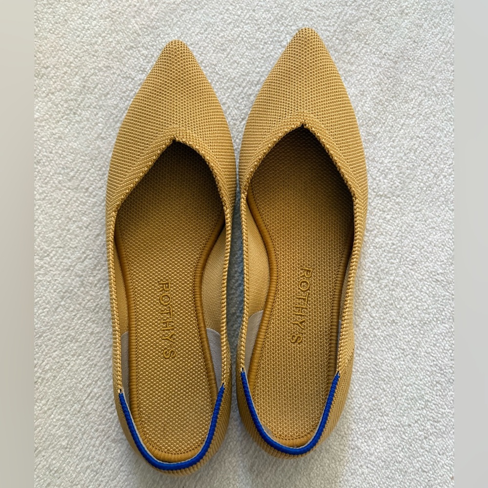 Rothy's Pointed Knit Flats in Mustard with Blue Trim